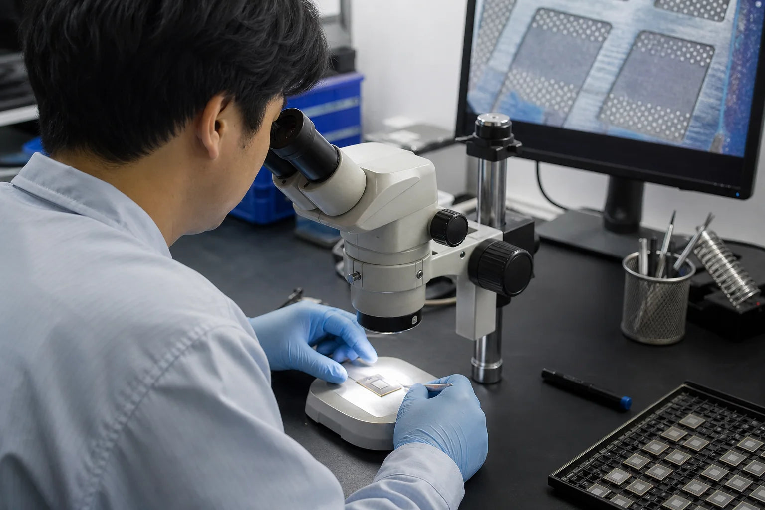 Electronic component under microscope inspection before dispatch