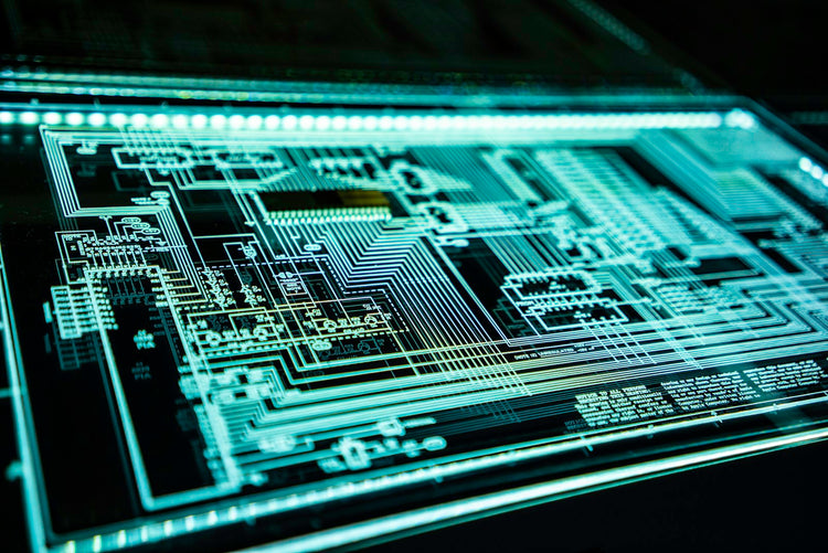 Blue technology circuit pattern representing semiconductor manufacturing