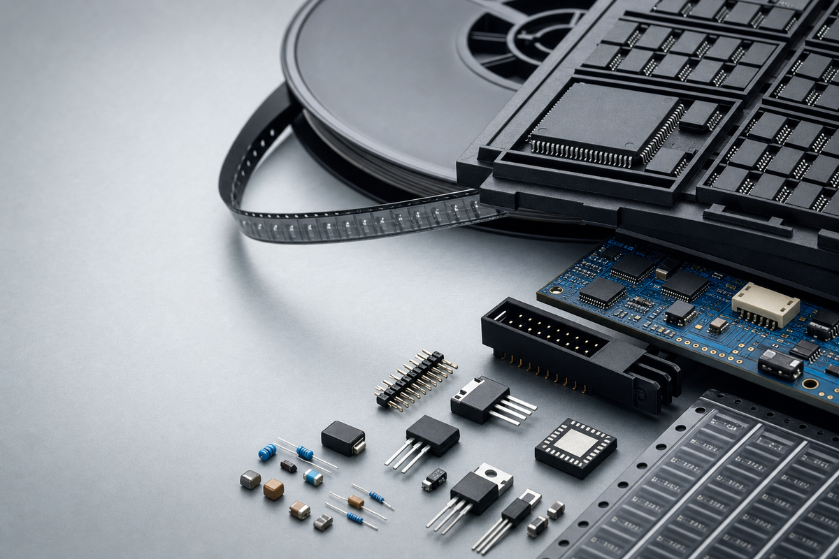 Electronic component families, reels and circuit boards arranged for technical sourcing