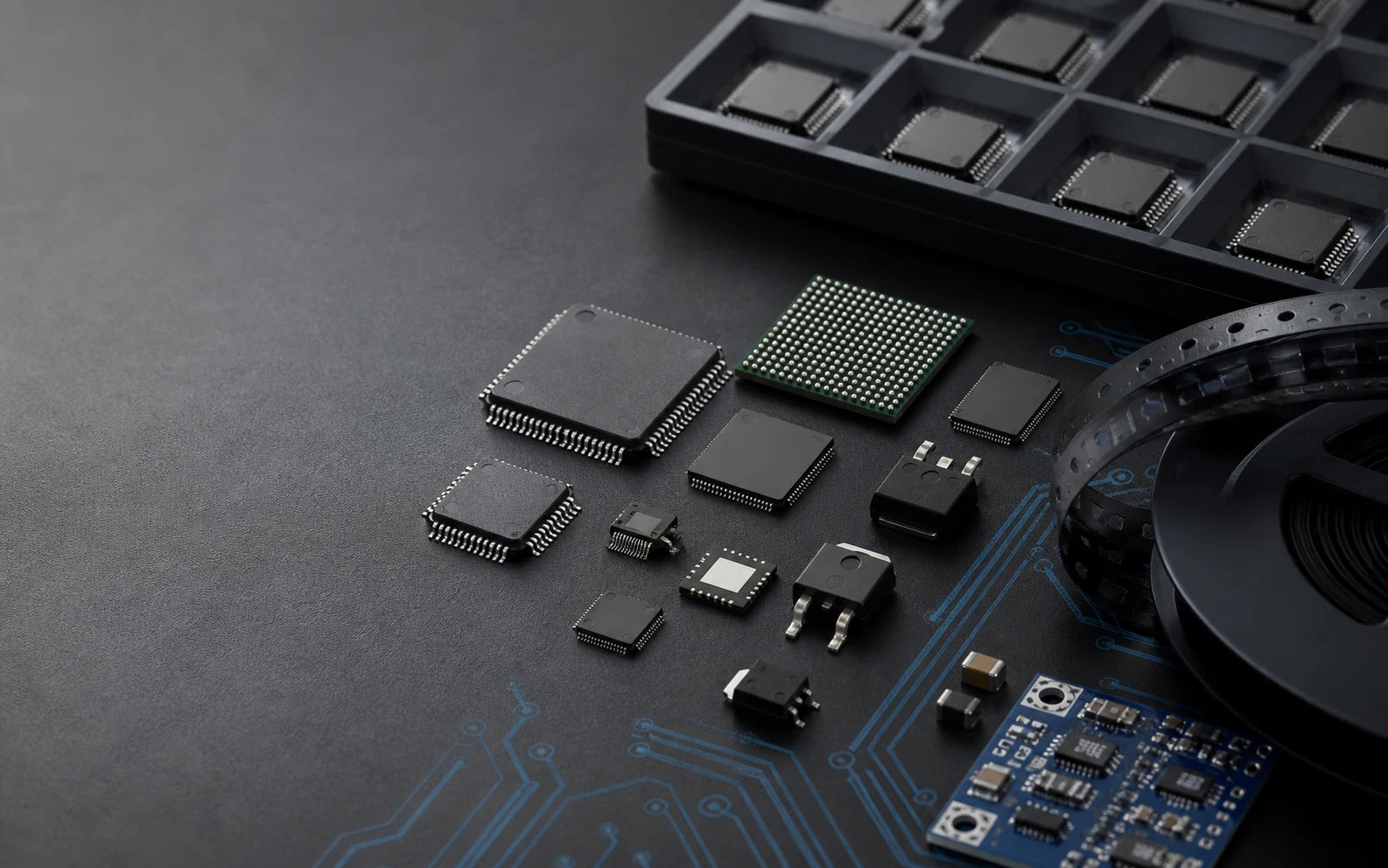 ICs and electronic components arranged in a precision technical product scene