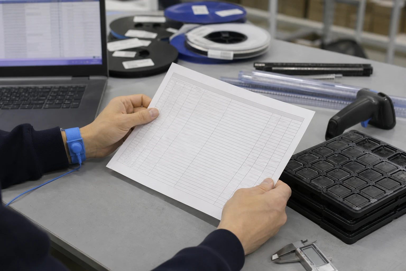 Hands reviewing a component BOM beside reels and anti-static trays