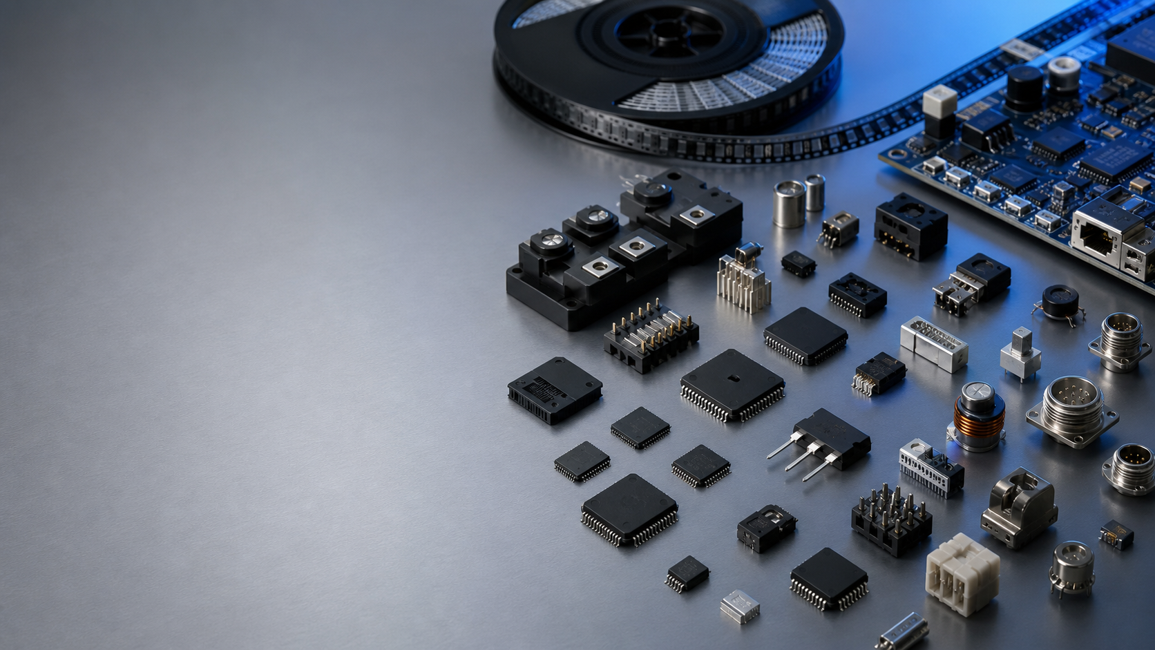 Electronic components from multiple technical families arranged for manufacturer discovery